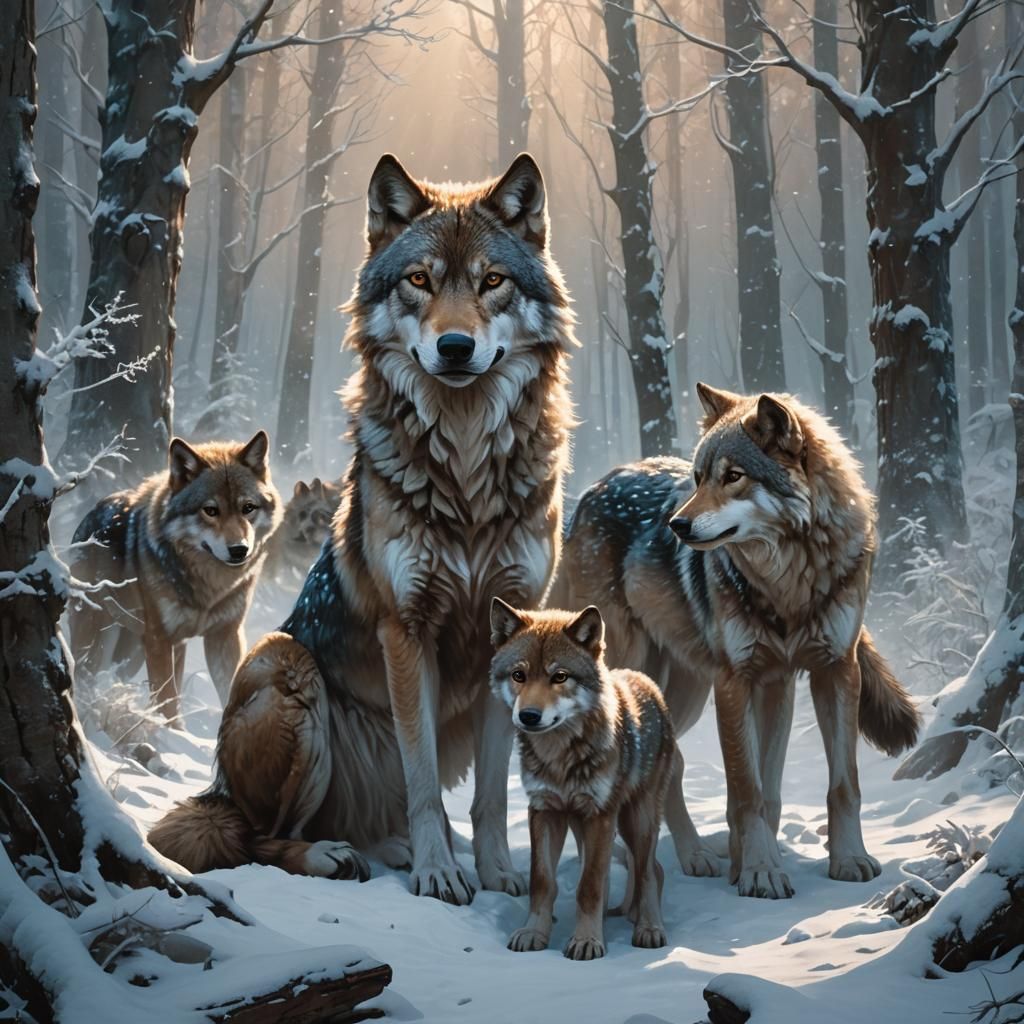 she-wolf in winter. Protecting her cubs.