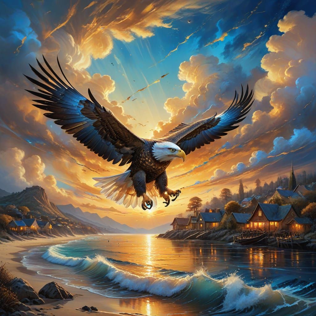 Eagle Soars Over Impressionistic Coastal Village