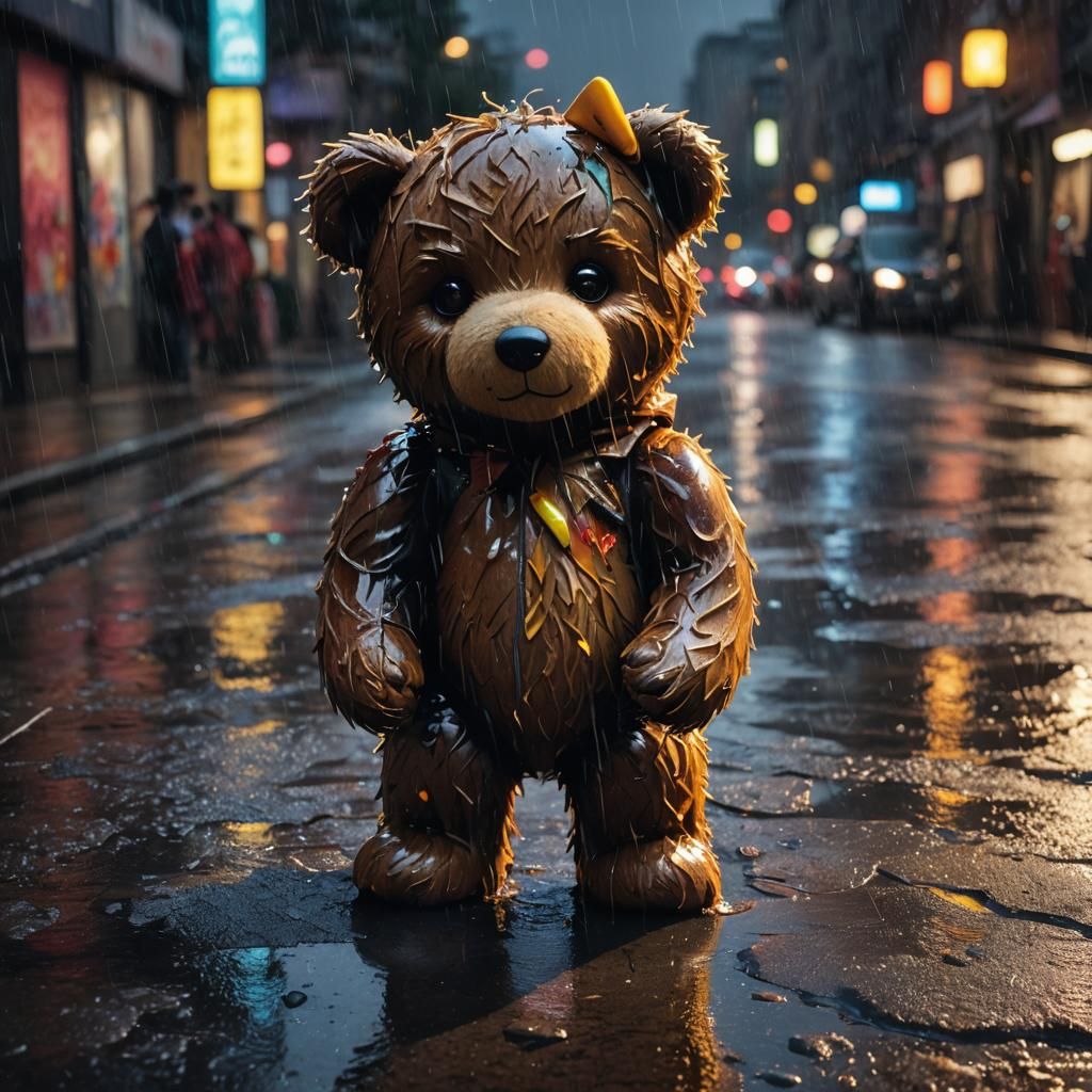 A teddybear left out in the rain