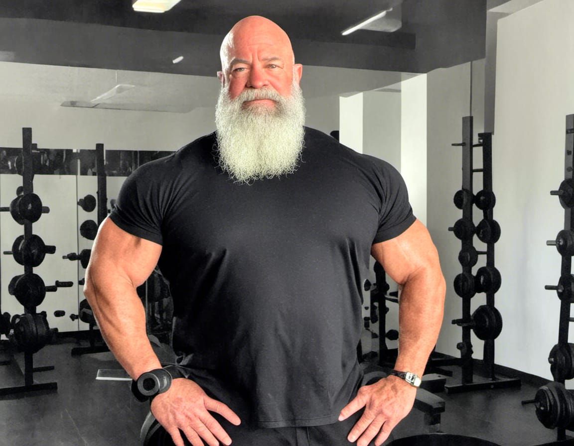 Bald Bodybuilder in Office With Colleague