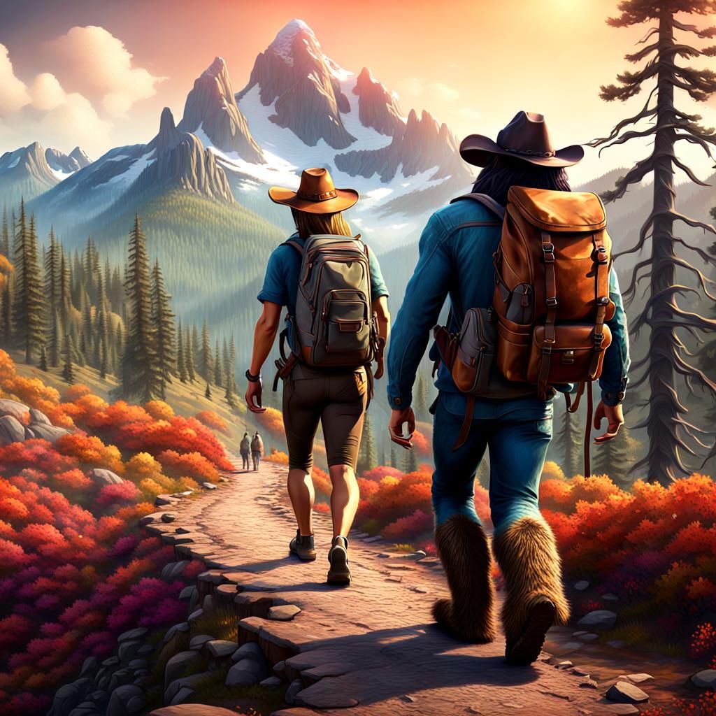 Bigfoot and Woman Hiking in Colorful Matte Painting