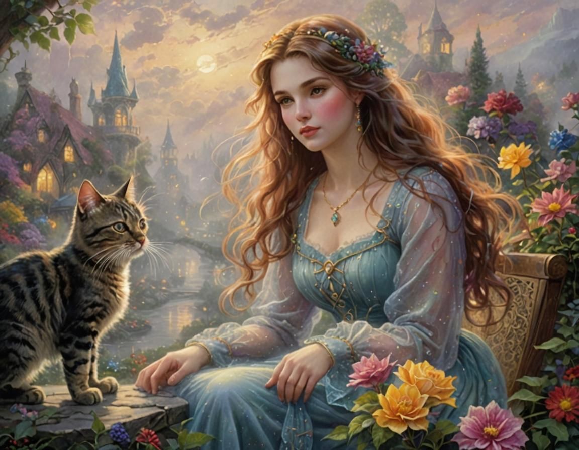 Ethereal Woman and Cat Fantasy Illustration