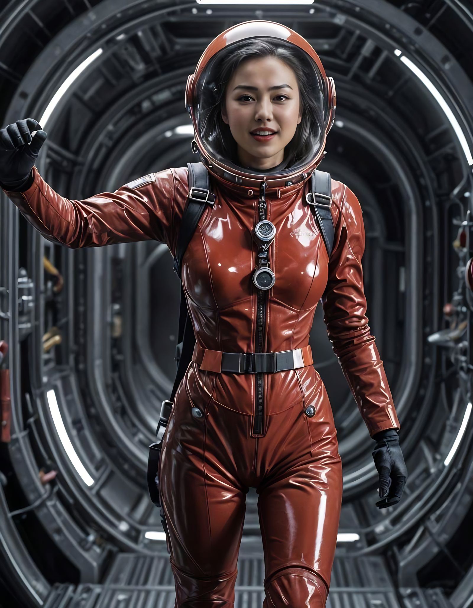 Jessica Henwick, looking oddly excited in her maroon spacesuit while in the airlock