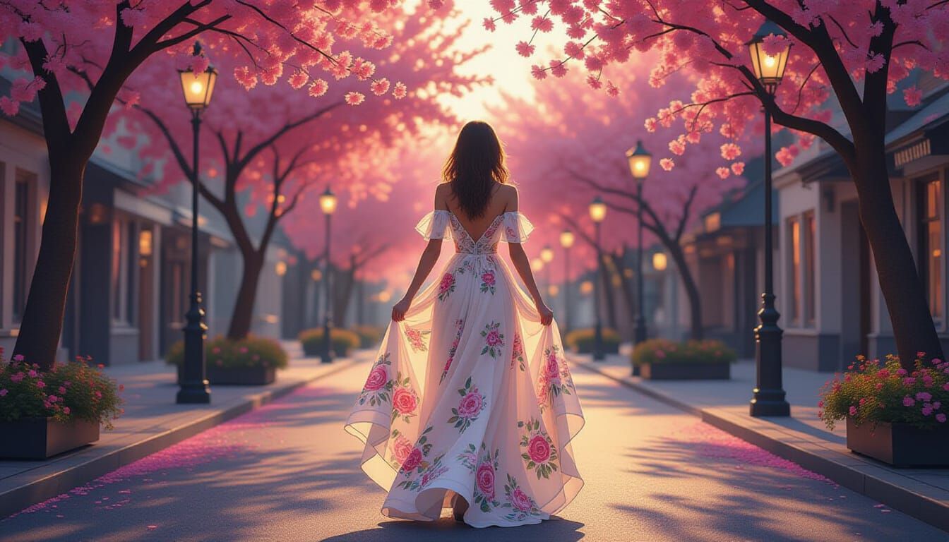 Elegant Woman in Floral Dress on Spring Street
