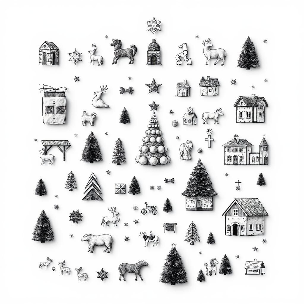 Detailed Black and White Christmas and New Year Icons