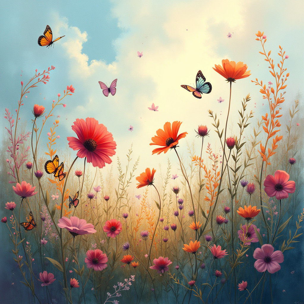 Dreamlike Wildflower Landscape with Butterflies, Watercolor ...