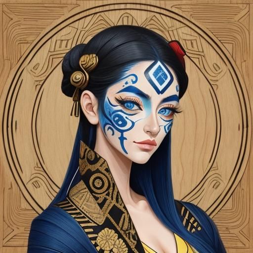 Woman with Tribal Paint, Wood and Gold Inlay Art