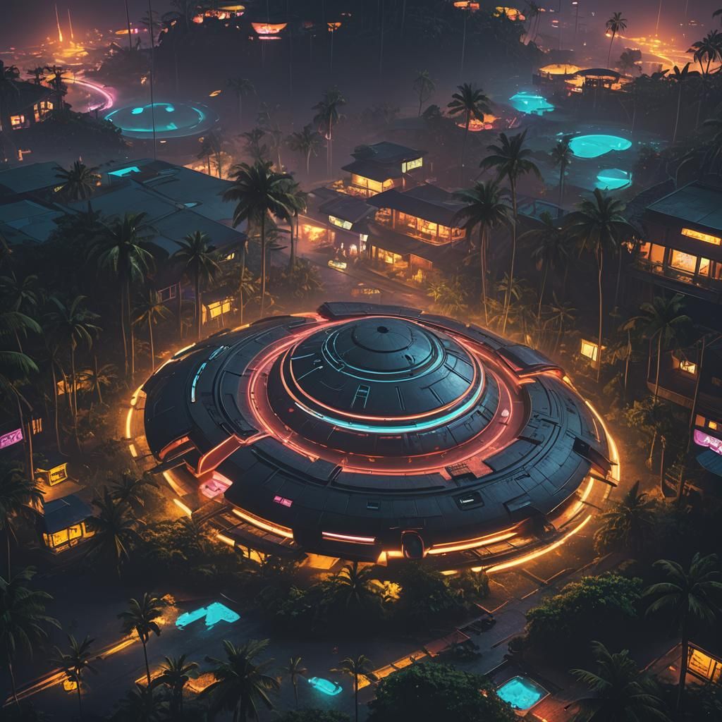 Flying Saucer over Tropical Island in Cyberpunk Style