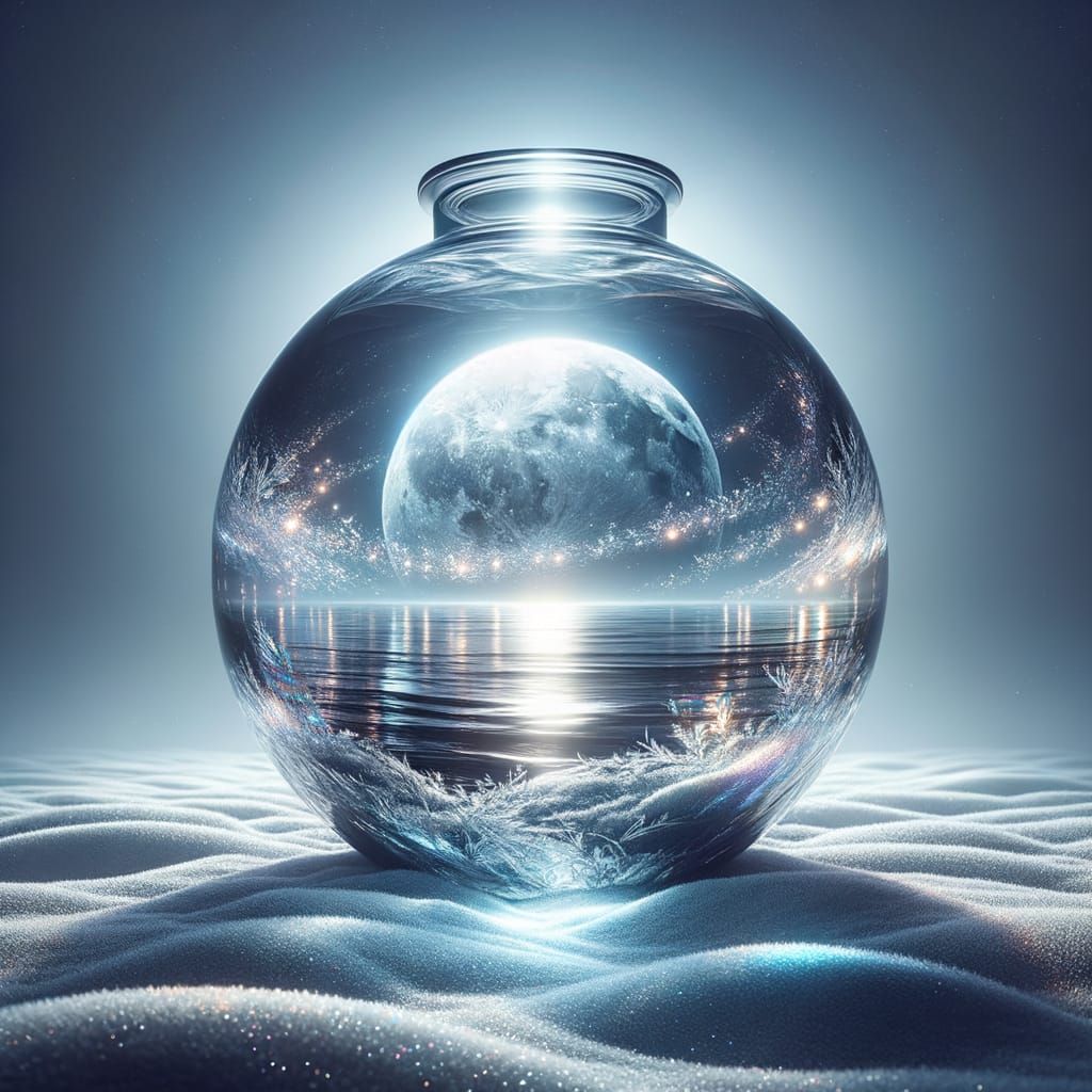Glass Vessel Reflecting Iridescent Supermoon in Double Expos...