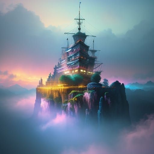 Dreamy Sky Ship in Oil Painting with Golden Light