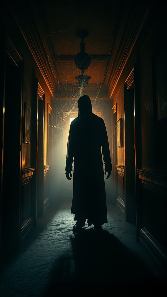 Spooky Figure in Haunted Mansion Hallway