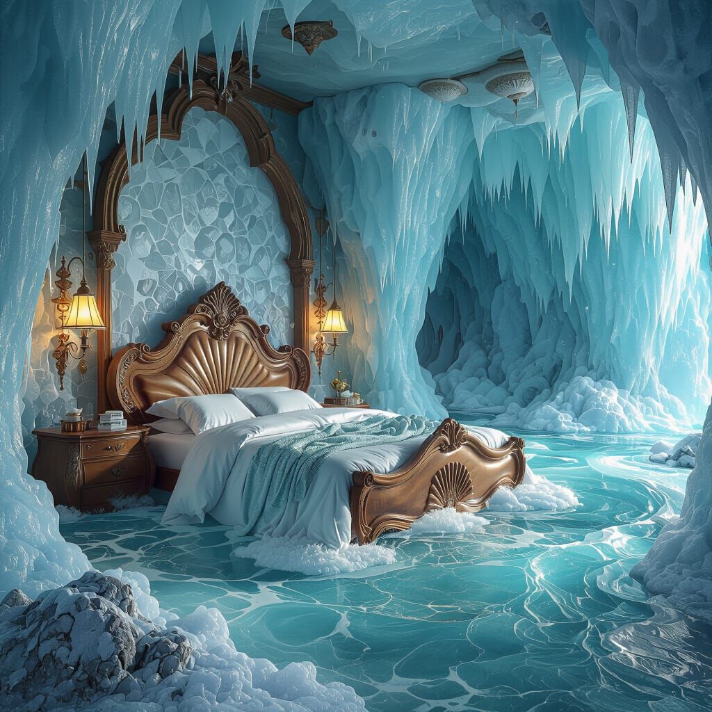 surreal fantasy interior scene that merges a luxurious bedro...