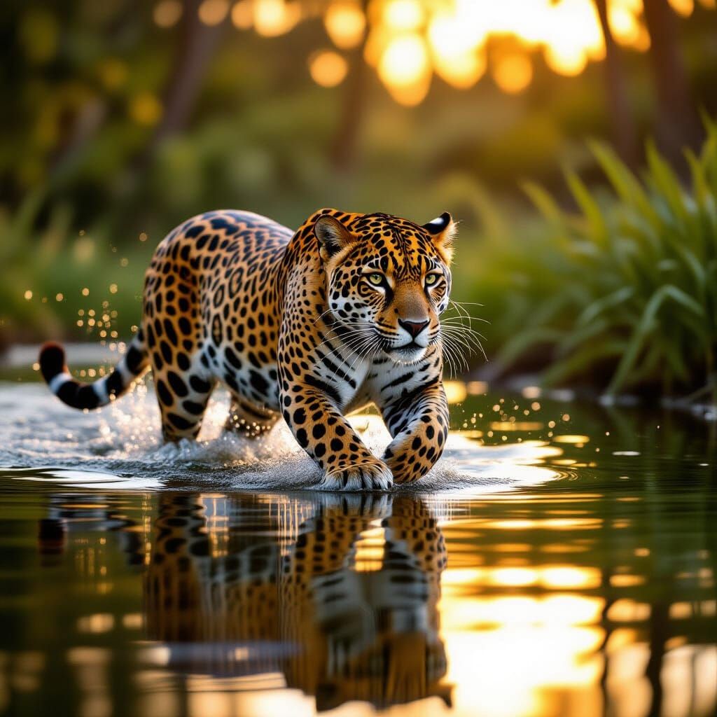 Realistic Jaguar Walks on Water in Golden Ratio Composition