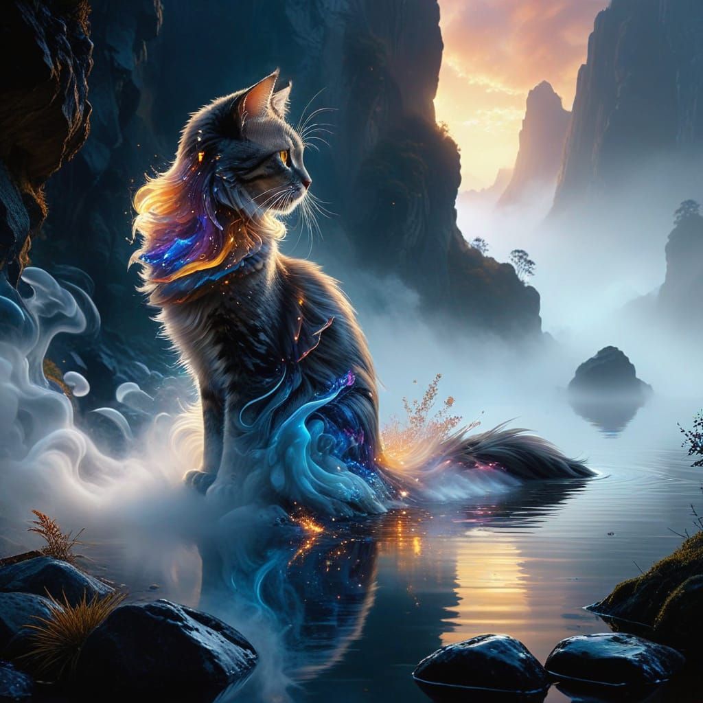 Elegant Cat Portrait with Crystal Mountain Silhouette