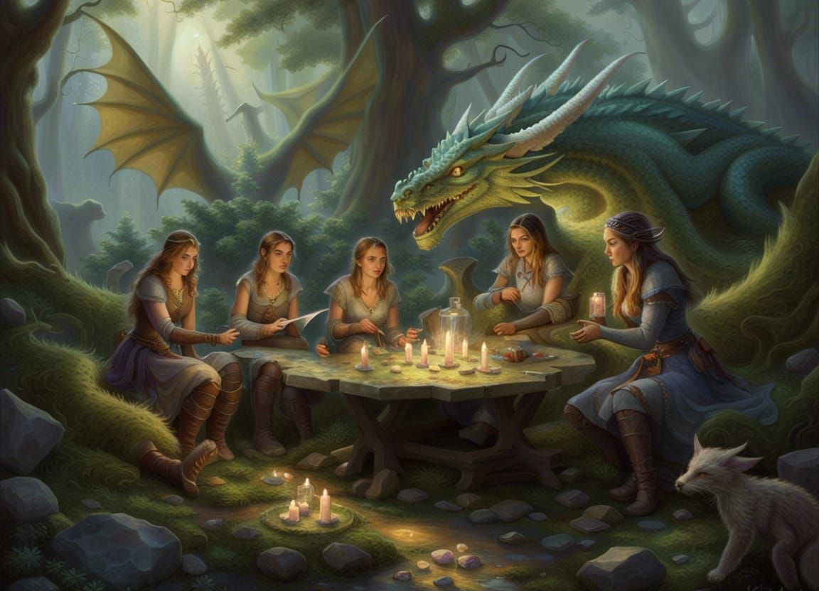 Huntresses and Dragon Gather in Crystal Forest