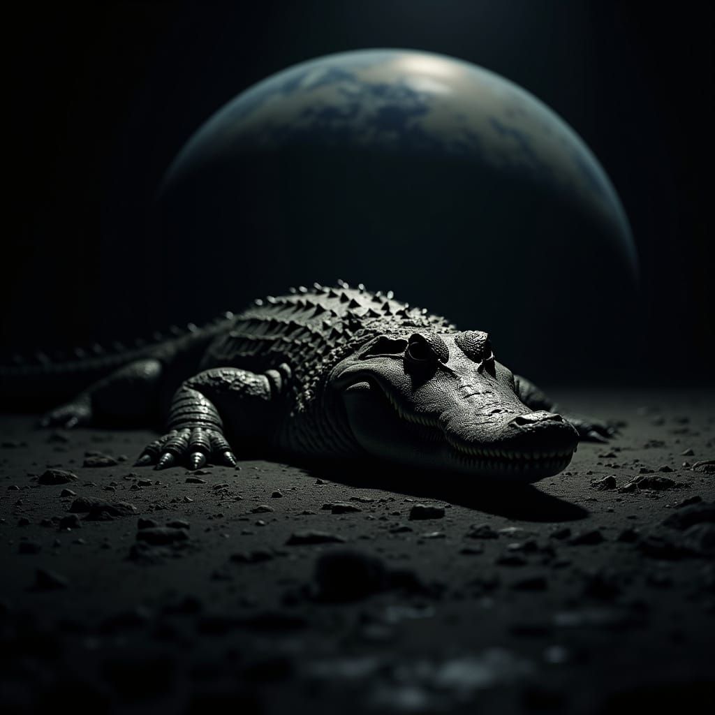 Crocodile in Shadow Against Earth, Hyperrealistic Rendering