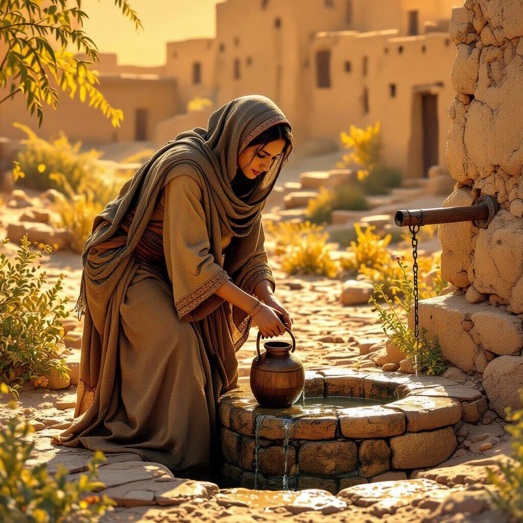 Biblical Woman Draws Water: Stalenhag-Style Matte Painting