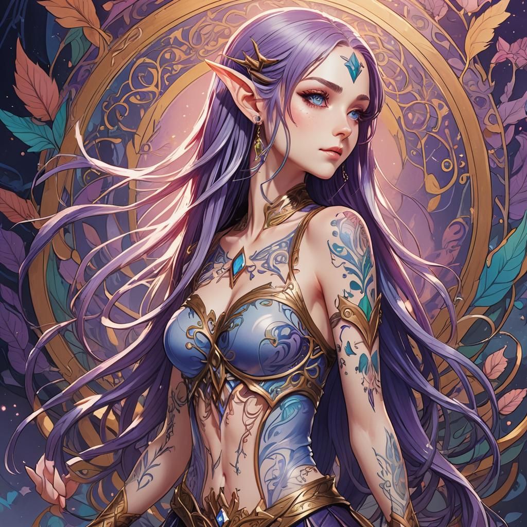 Anime Elf with Purple Hair and Tattoo