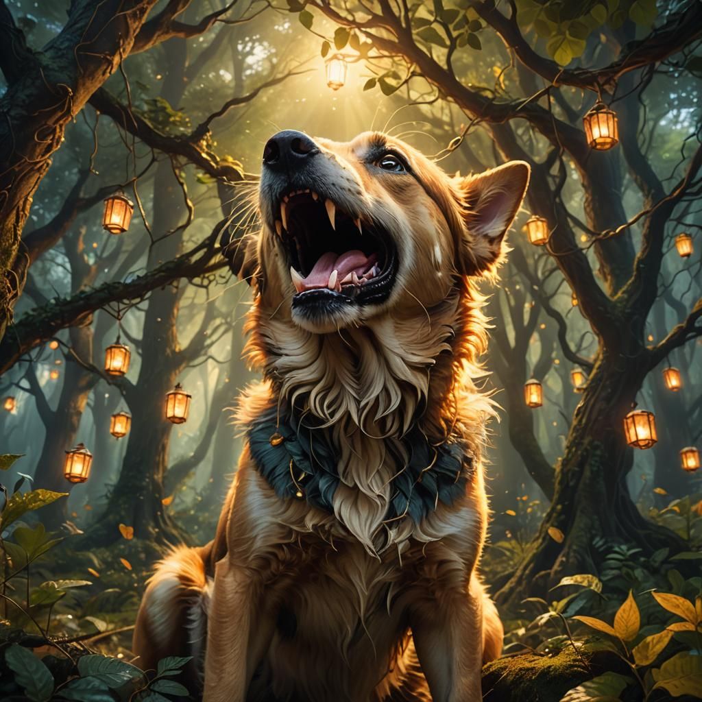Mystical Forest Dog Meowing in Matte Painting Style