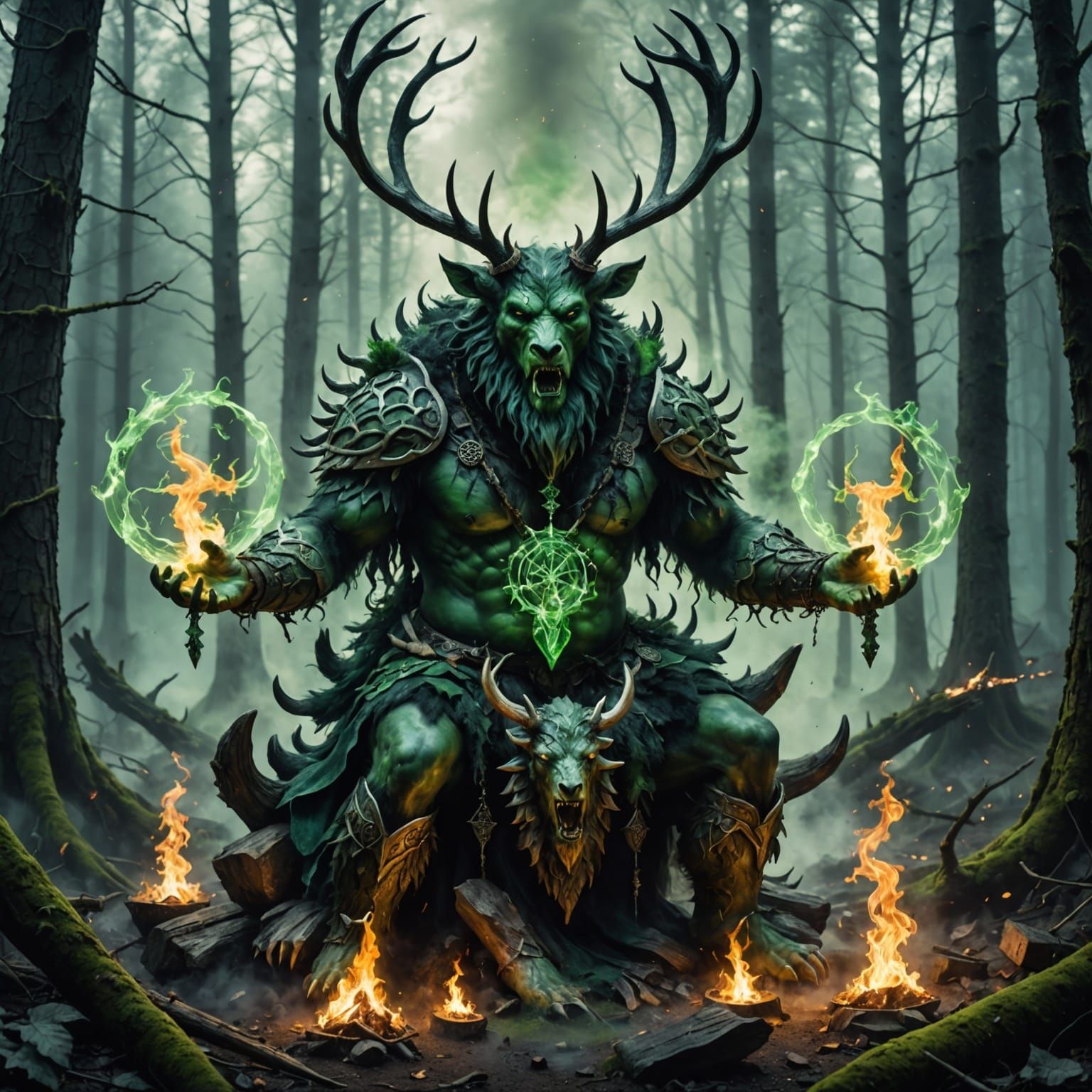 Nordic Demon God Seated on Bear Feet Amidst Chaos and Flames