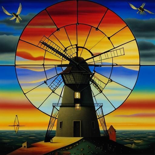 Surreal Stained Glass Windmill at Sunset with Birds in Fligh...