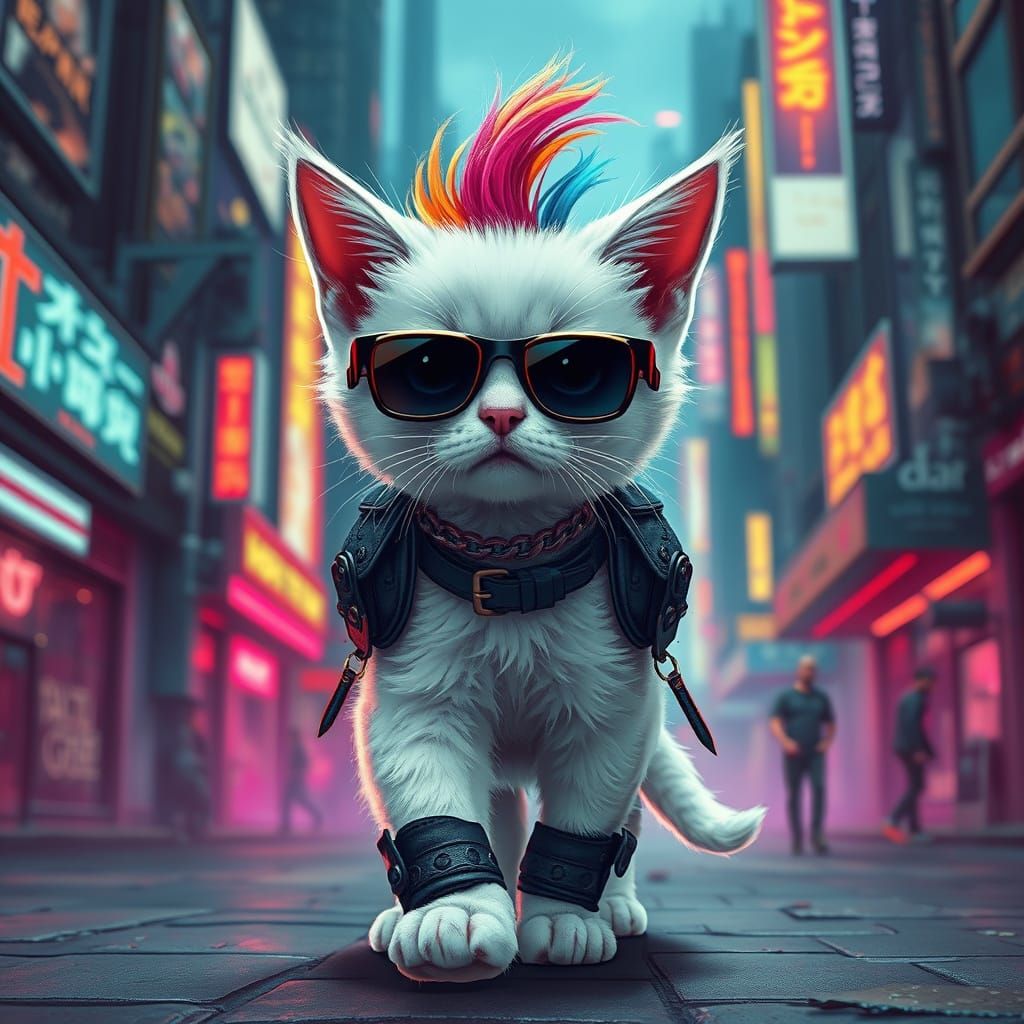 Cyberpunk Punk White Kitten Strolls Through Neon Metropolis