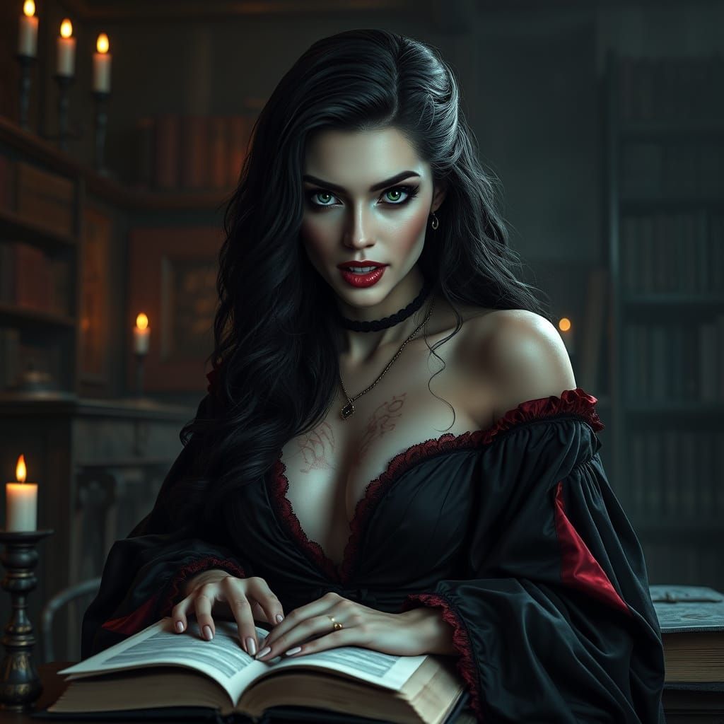 Dark Fantasy Vampire Teacher in Gothic Classroom