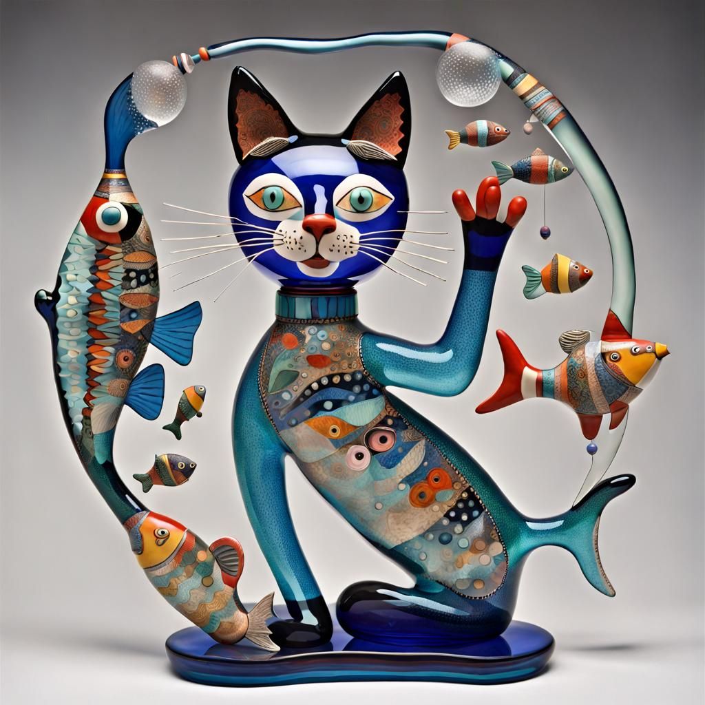 Whimsical Glass Cat Juggling Fish in Folk Art Style