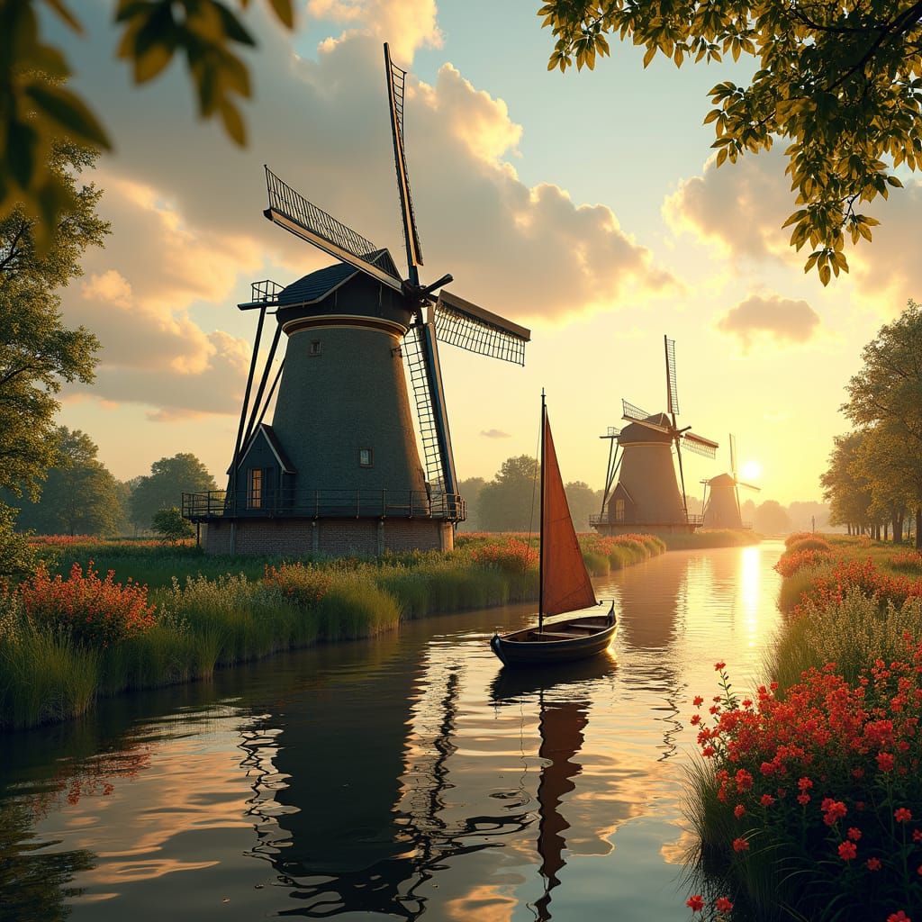 Dutch Golden Age Windmills at Kinderdijk with Boat