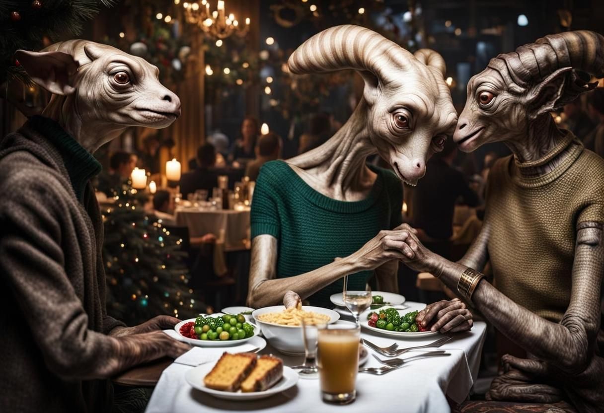 Surreal Alien Restaurant Celebration in Hyperrealistic Photo...