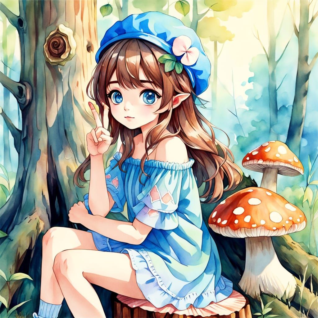 Charming Anime Girl in Whimsical Woodland Setting