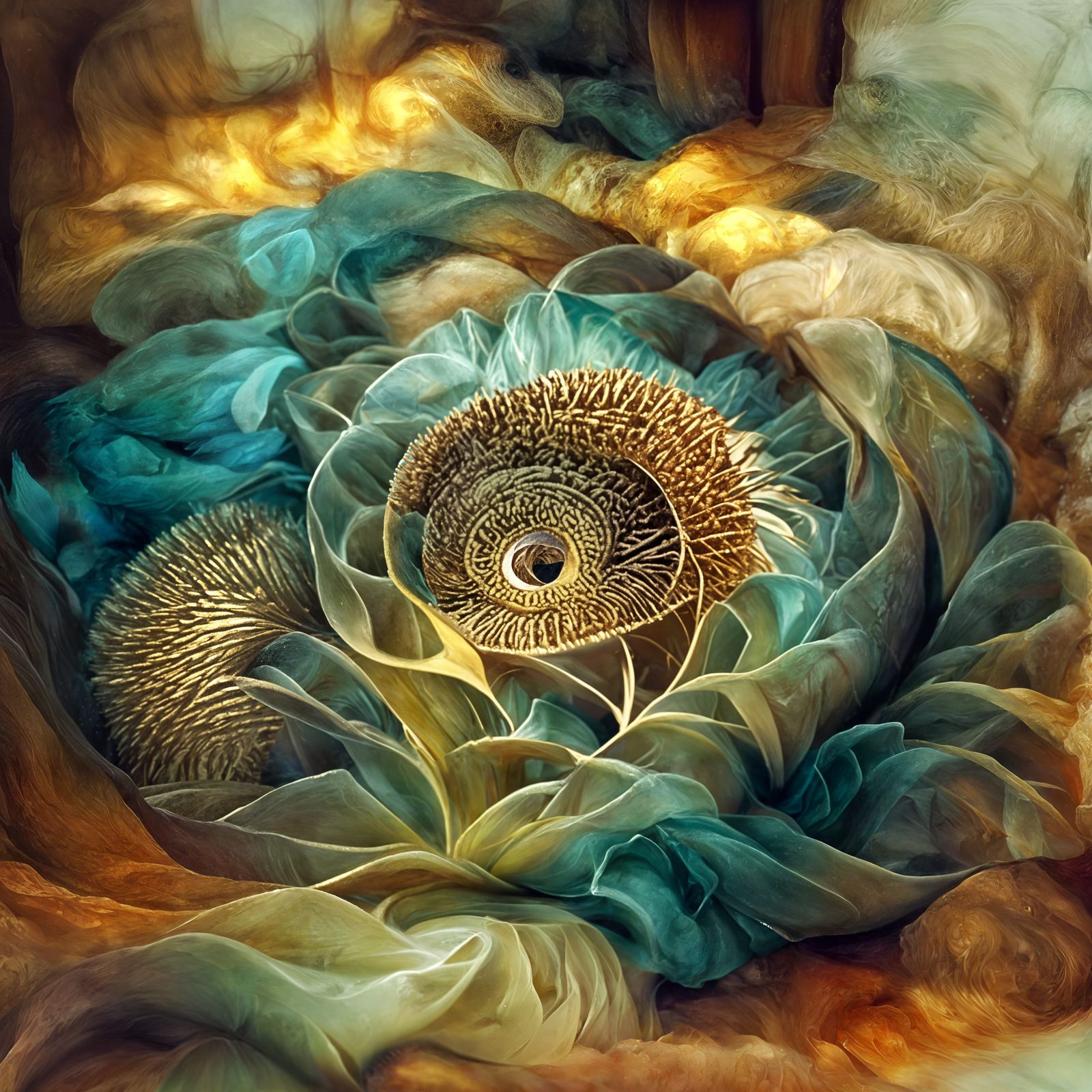 Surreal Fibonacci Sunflower Mandala with Sacred Geometry