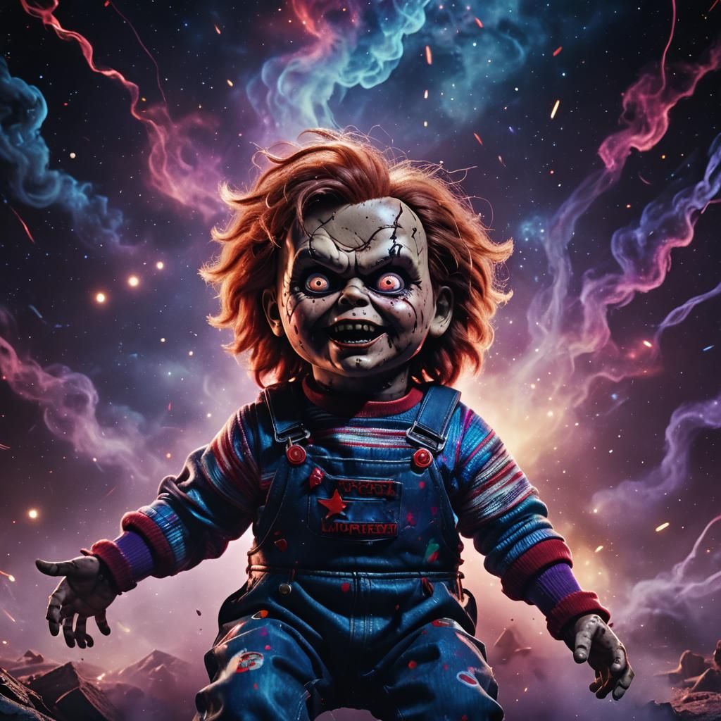 Chucky Doll in Cosmic Horror Style Galaxy