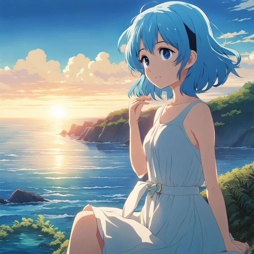 Anime Girl with Blue Hair by the Sea