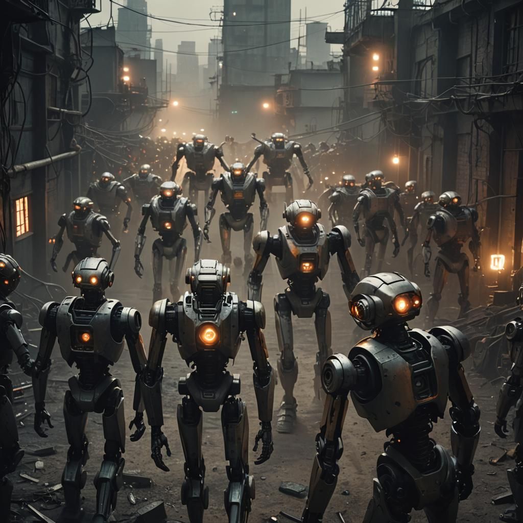 Robots Herd Humans in Dystopian Sci-Fi Film Still