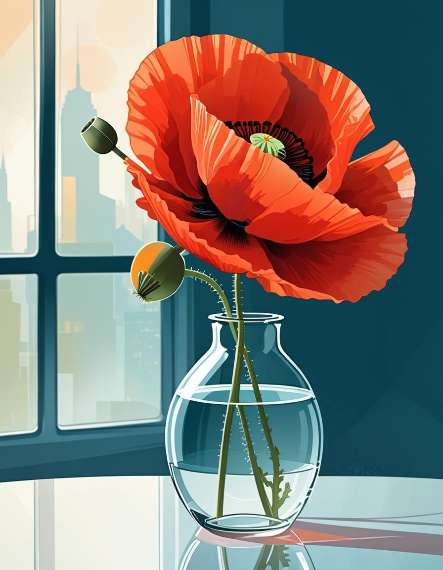 Poppy in Glass Vase: Digital Illustration