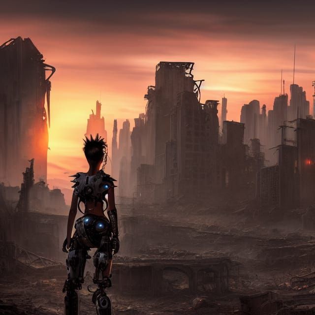 Post-Apocalyptic Sunset with Armored Cyborg Girl