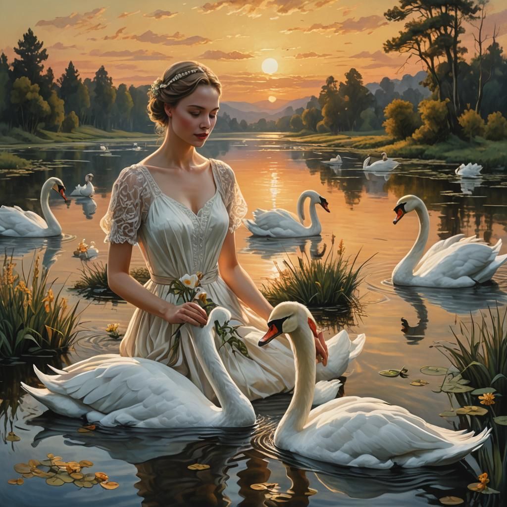 White Swans and Woman at Sunset in Naturalistic Style