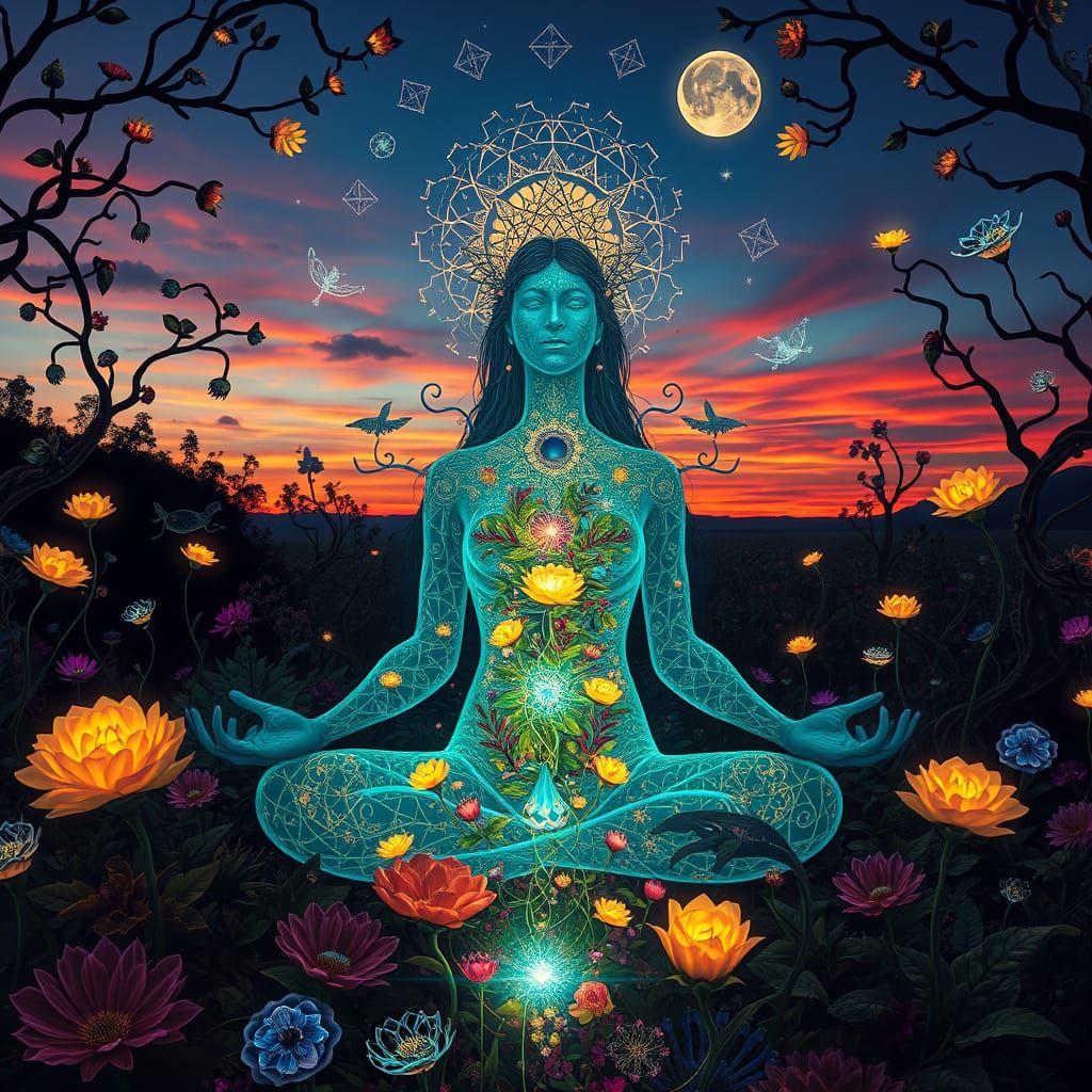 Dreamlike Woman Meditating in a Labyrinth of Light