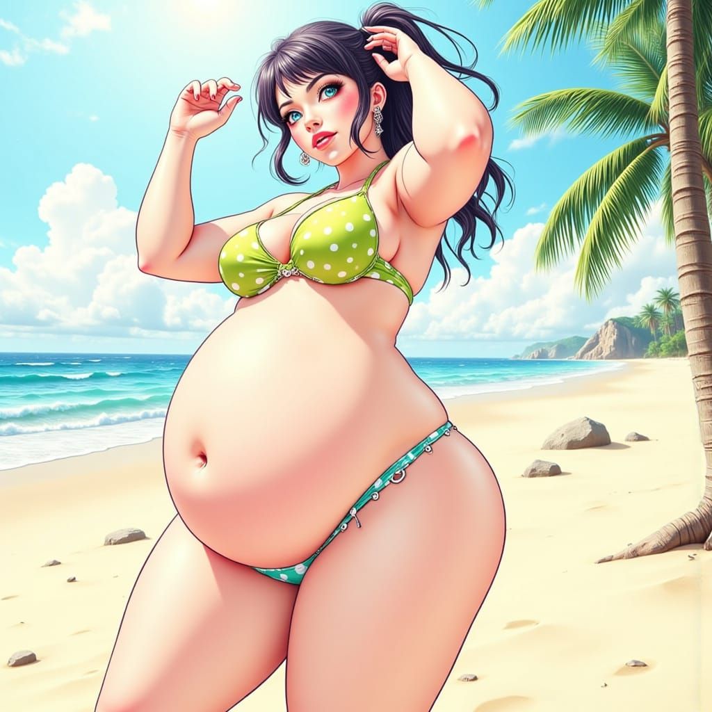 Playful Anime Woman in Bright Pink Bikini on Sunny Beach