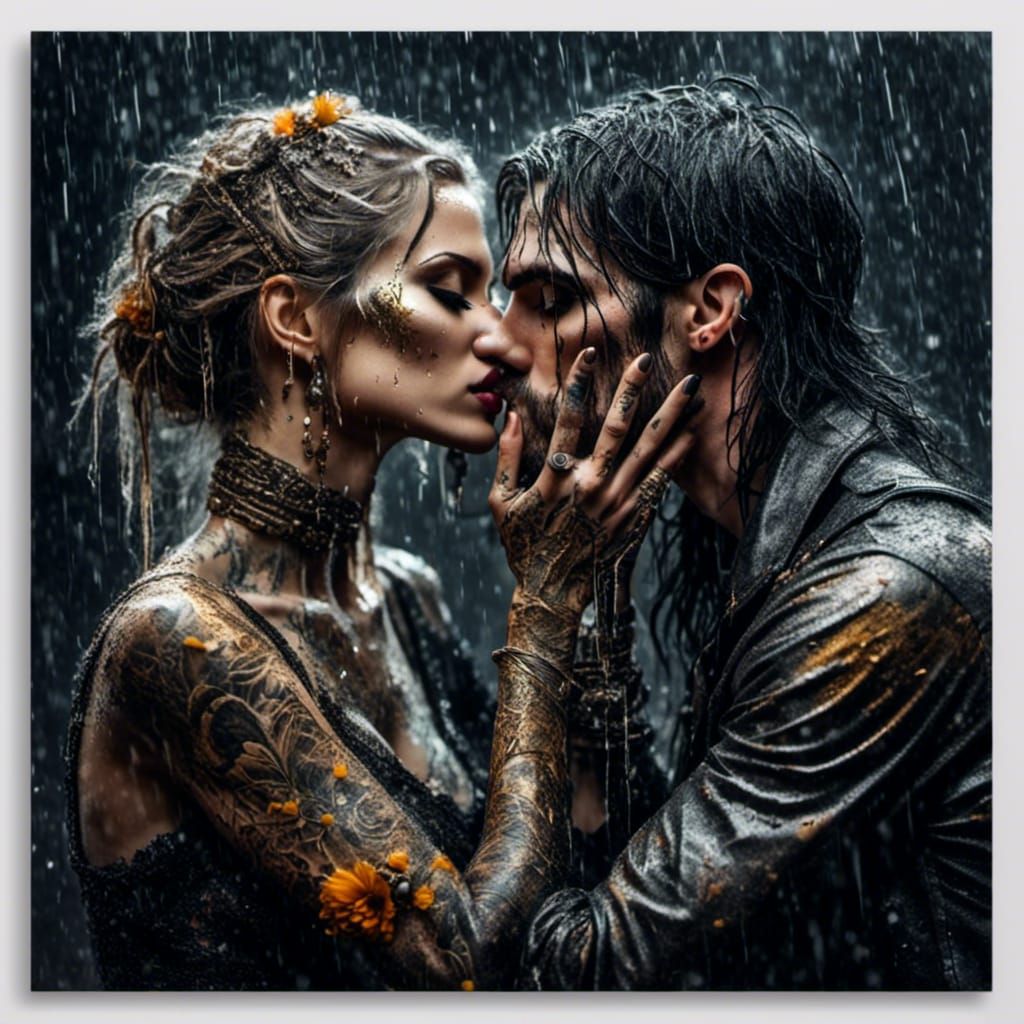 Passionate Kiss in Hyperrealistic Splash Art Style