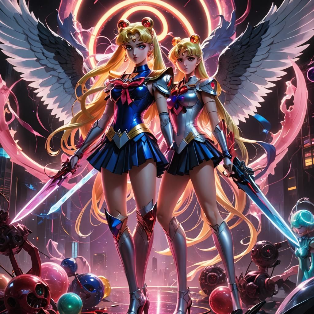 Sailor Moon and Angel in Futuristic Fantasy Art