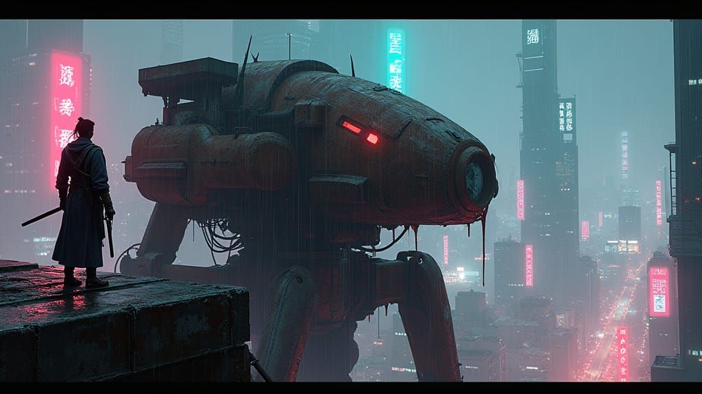 Cyberpunk Samurai Warrior Surveys Futuristic Tokyo
