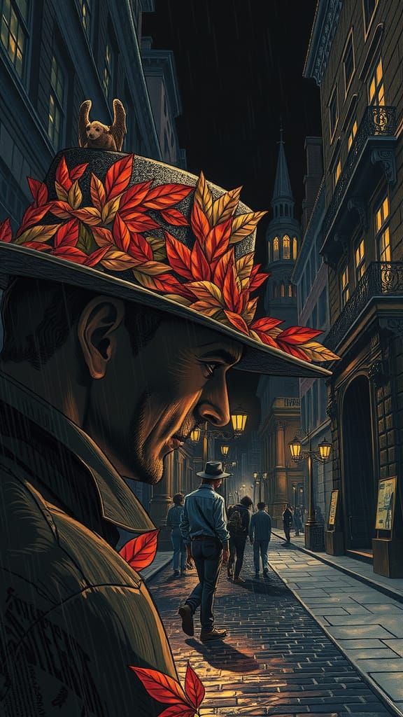 Gothic City Silhouette with Leaf Fedora