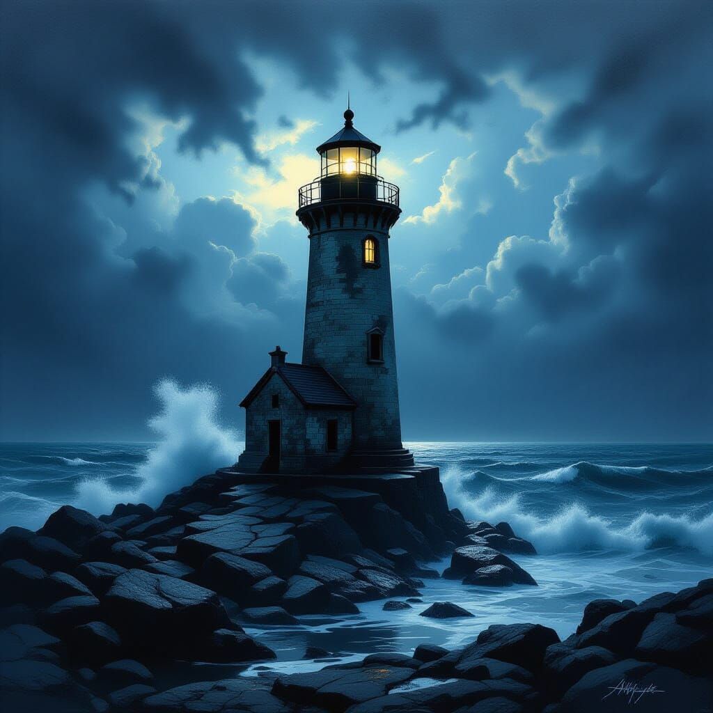 Dramatic Lighthouse Oil Painting in Gothic Horror Style