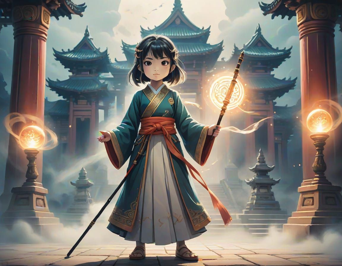 Regal Anime Girl Wields Staff in Temple Fog
