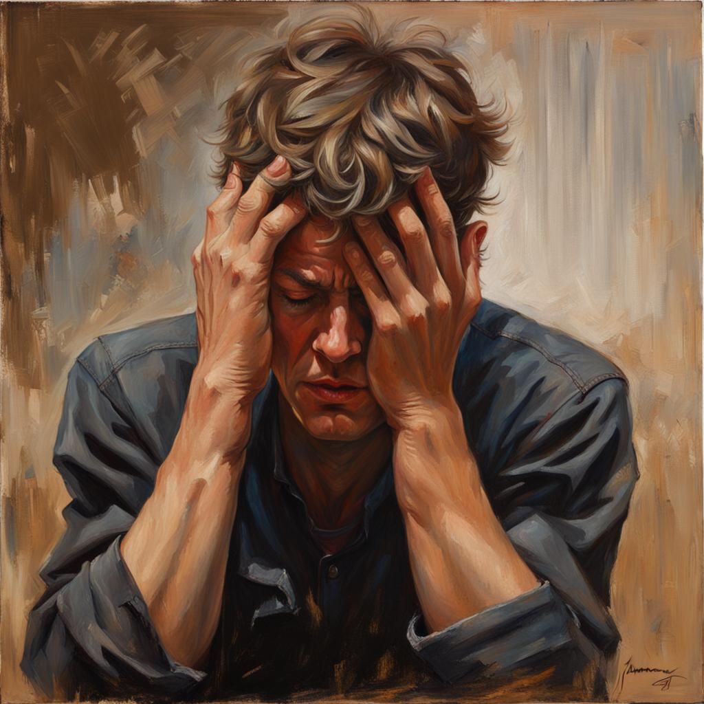 Emotional Oil Painting: Young Man Crying