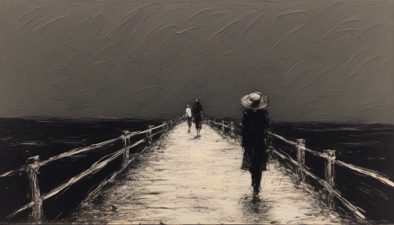 Woman on Pier at Night in Charcoal and Gouache