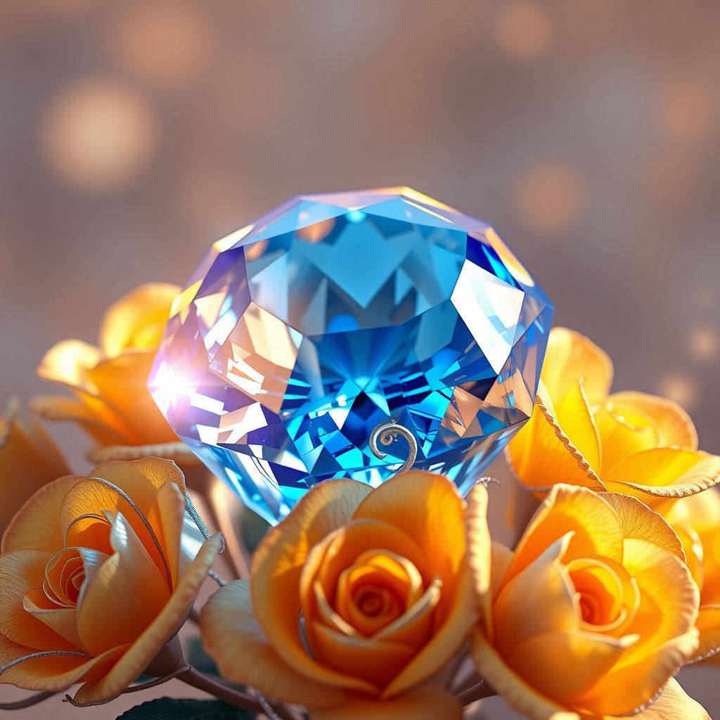 Diamond Surrounded by Golden Roses in Digital Art