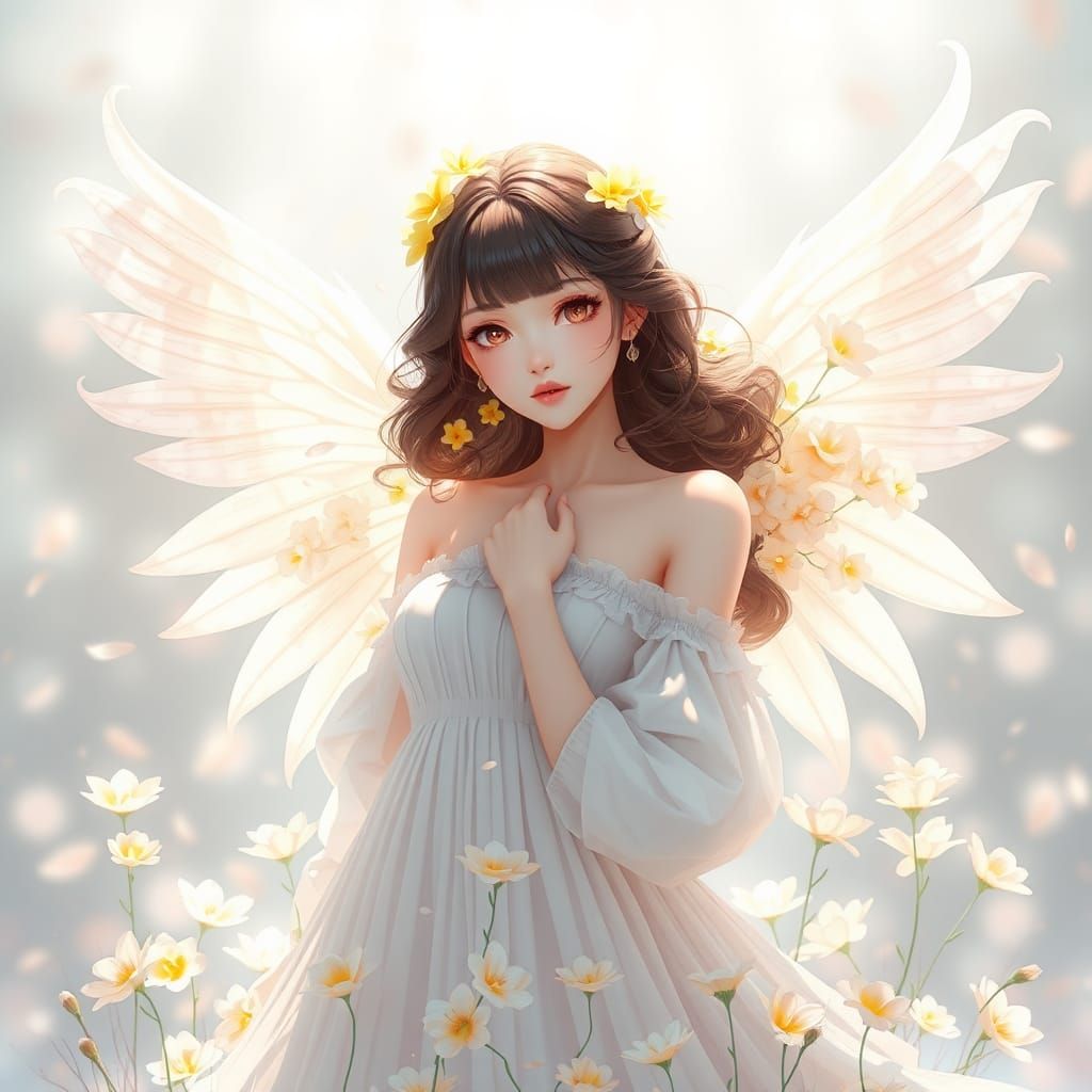 Anime Woman with Flowers and Flowing Dress